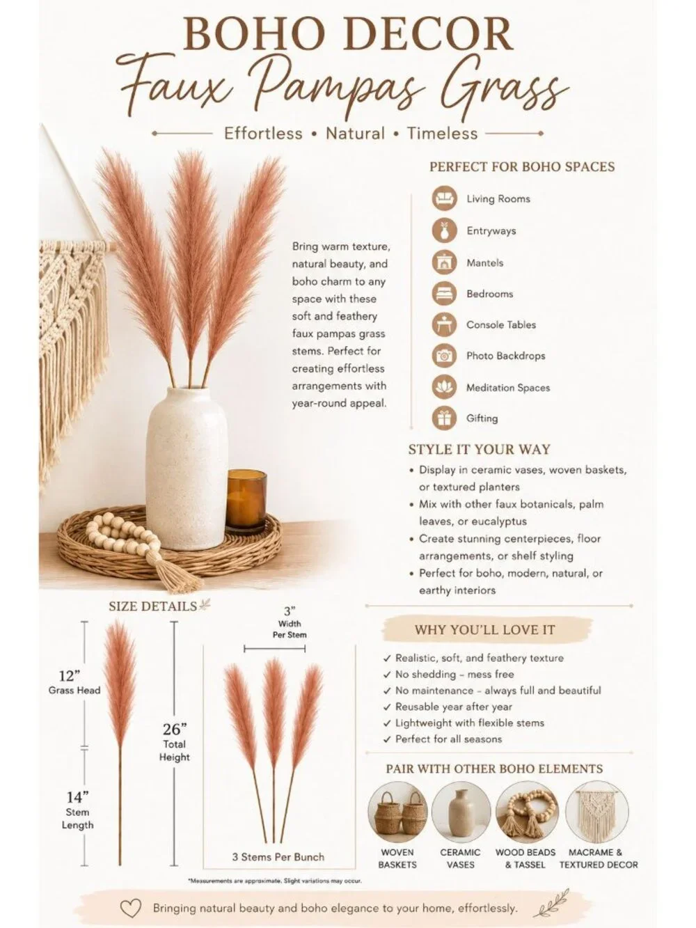 Faux Pampas Grass 3 Stems Chestnut Brown 26 Inch Artificial